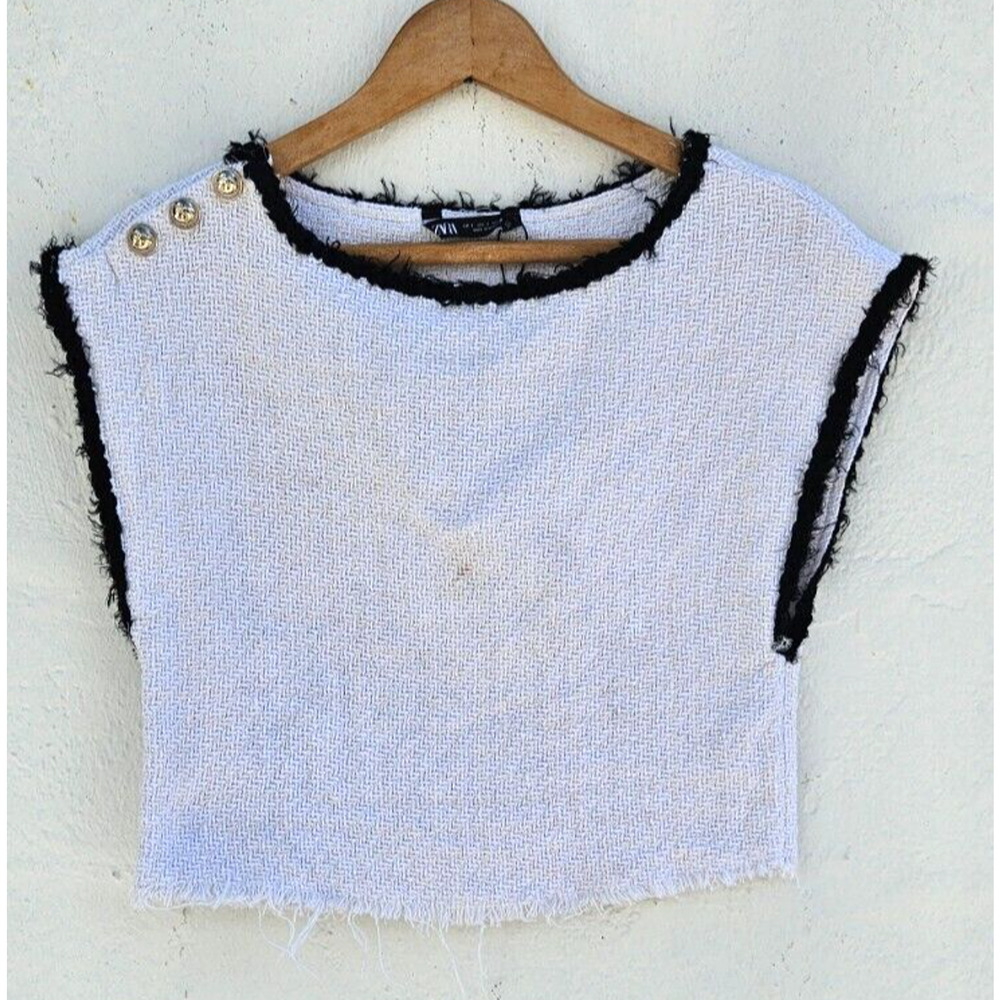 Zara Womens Crop‎ Top Small White Black Tweed Textured Sleeveless Button Details